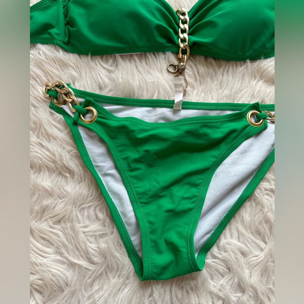 Emerald green bikini. Gold accents. Size Large runs small. New without tags. - Picture 7 of 13